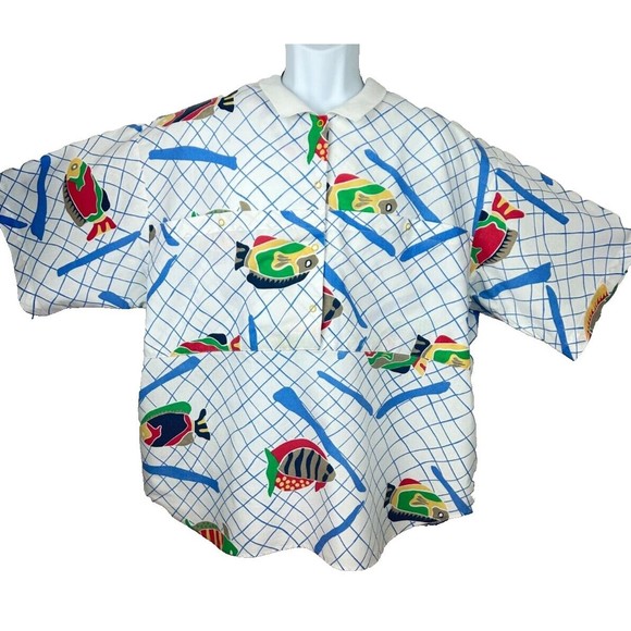 Levis Sportswear Vintage 1980's Fish Print Oversize Unisex Cotton Shirt  XL - Picture 8 of 16